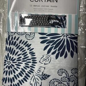 Floral Shower Curtain w/Hooks | New in Package | Blue + White